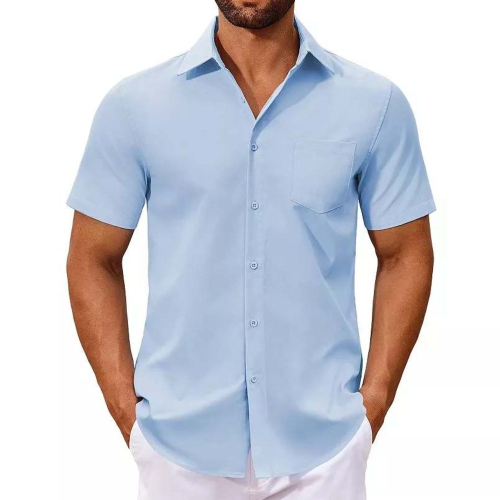 COOFANDY Button Down Shirt Mens L Blue Short Sleeve Stretch Pocket Casual